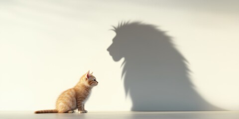 An orange kitten sits on a floor with the shadow of a lion projected behind it, symbolizing growth, confidence, and self-perception.