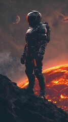 Astronaut stands on a volcanic planet with dramatic space background