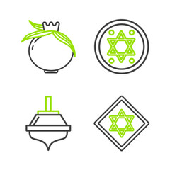 Set line Star of David, Hanukkah dreidel, Jewish coin and Pomegranate icon. Vector
