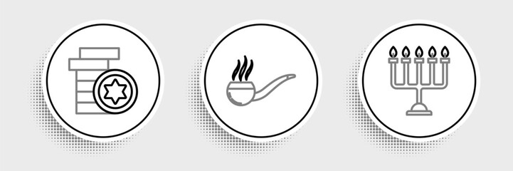 Set line Hanukkah menorah, Jewish coin and Smoking pipe with smoke icon. Vector