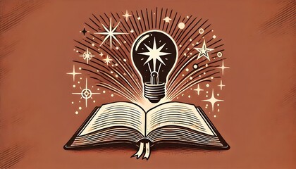Book with glowing lightbulb idea and starry night