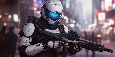 Futuristic Soldier with High-Tech Rifle in Cyberpunk Cityscape - Sci-Fi Concept