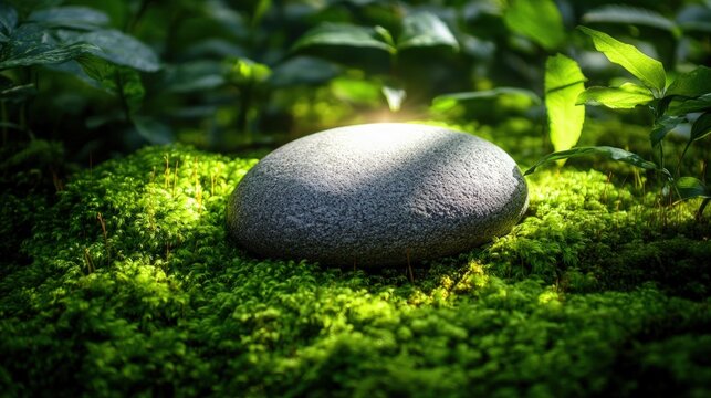 A smooth stone surrounded by lush green moss, illuminated by soft sunlight - Powered by Adobe