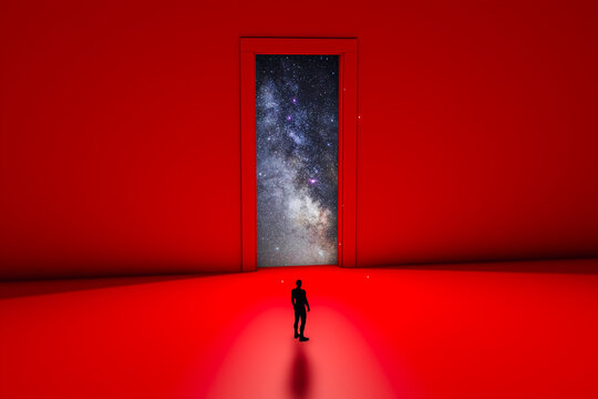 A man silhouette gazing at a cosmic doorway amidst a red backdrop