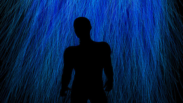 Silhouette of a man against a vibrant technological backdrop