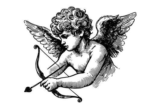 stylized hand-drawn illustration of an angelic cherub in black ink