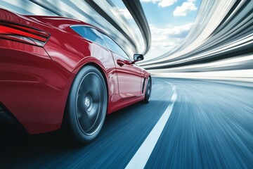 Dynamic scene of a red business car navigating a turn with a blue car speeding on the highway