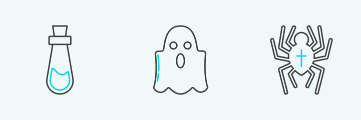 Set line Spider, Bottle with potion and Ghost icon. Vector