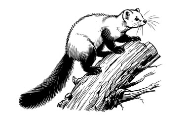 vintage-style vector of a marten balancing on wood, using detailed linework and realistic contrast to highlight its natural agility