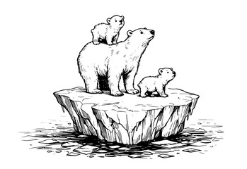 stylized black and white artwork featuring a polar bear with cubs © Luka