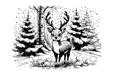 artistic monochrome drawing of a young deer surrounded by winter trees