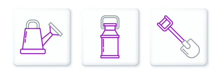 Set line Shovel, Watering can and Can container for milk icon. Vector