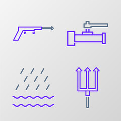 Set line Neptune Trident, Rain and waves, Industry metallic pipes valve and Fishing harpoon icon. Vector