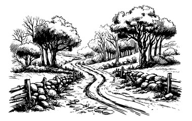 artistic black and white vector drawing of a rural landscape with a dirt road