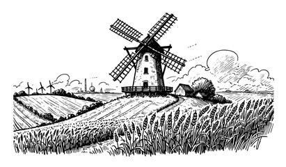 vector illustration of a windmill in a rural landscape, black and white design