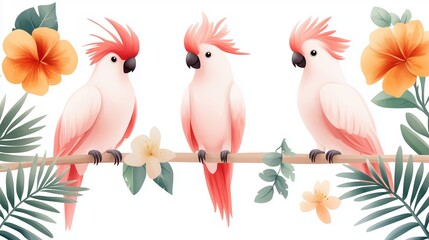 Obraz premium Three Tropical Cockatoos Perched Among Colorful Flowers and Lush Greenery