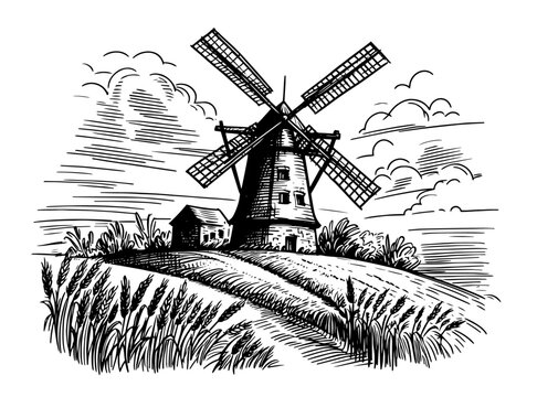 artistic black and white vector drawing of a windmill surrounded by farmland