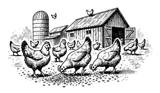 artistic black and white vector drawing of a farmyard with hens and rustic details