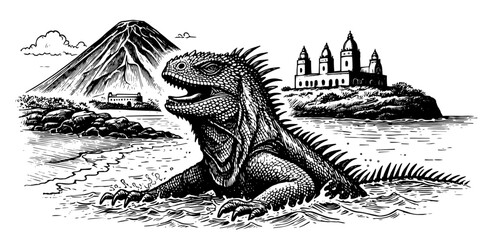 detailed vector illustration of a marine iguana resting on a rocky shore with a volcano and castle in the background, drawn in vintage engraving style