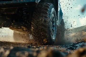 Dynamic off road adventure  close up of tires splattering mud on rugged terrain in action