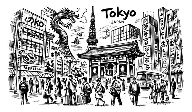 tokyo city illustration in black and white vector style with urban details and cultural elements