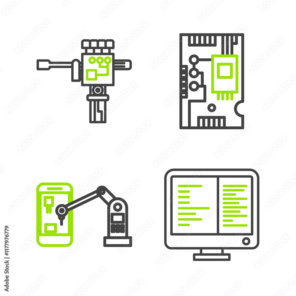 Poster set line computer monitor screen, industrial machine robotic robot arm hand, electronic computer com