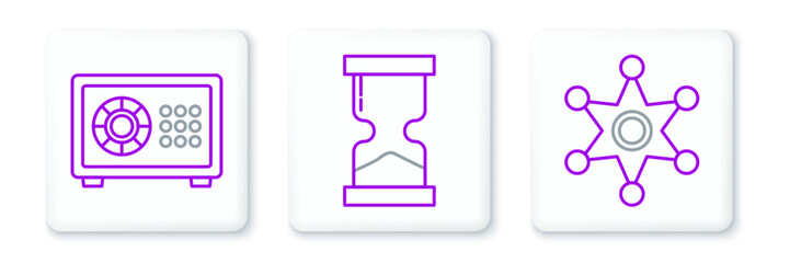 Set line Hexagram sheriff, Safe and Old hourglass icon. Vector