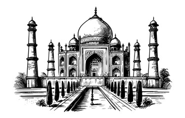 hand-drawn vector design of taj mahal in black and white, showcasing its intricate domes and towers