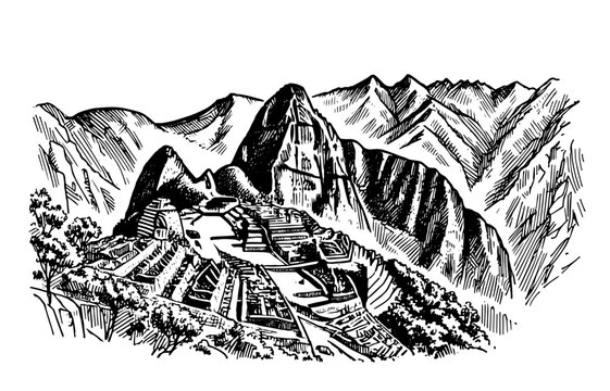 artistic black and white vector drawing of the ancient Incan city of Machu Picchu