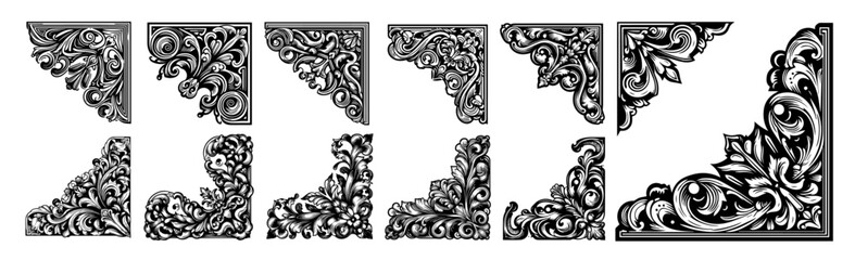 artistic monochrome illustrations of decorative floral corner ornaments