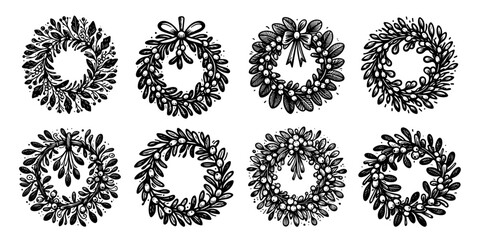 collection of elegant black and white wreath designs with intricate details