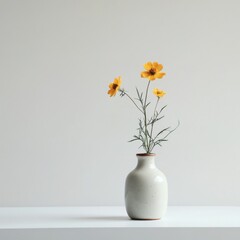 Simple yellow flowers in a small ceramic vase on a white surface against a white background.