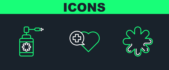 Set line Cross hospital medical, Medical bottle with nozzle spray and Heart cross icon. Vector