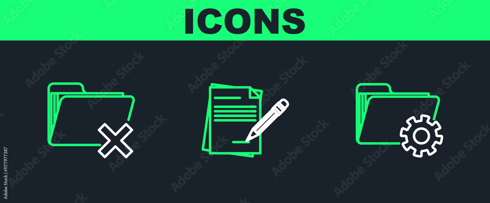 Poster set line folder settings with gears, delete folder and blank notebook and pencil eraser icon. vector