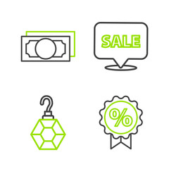 Set line Discount percent tag, Earring, Hanging sign with Sale and Stacks paper money cash icon. Vector