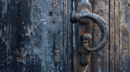 Rustic Metallic Handle on Aged Wooden Door &ndash; A Close-Up View of Time-Worn Elegance and History