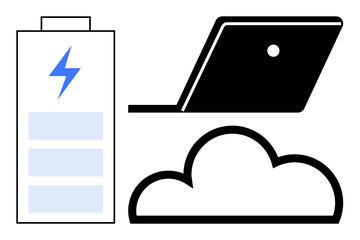 Battery with lightning bolt, laptop, and cloud. Ideal for tech, connectivity, remote work, cloud computing, digital storage energy sustainability. Abstract line flat metaphor