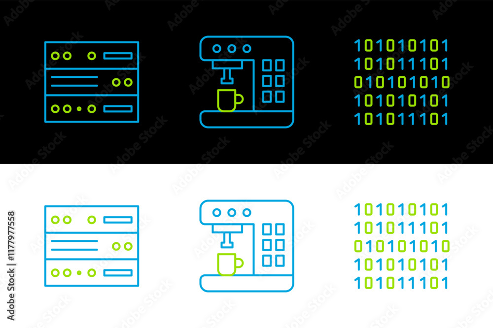Poster set line binary code, server, data, web hosting and coffee machine icon. vector
