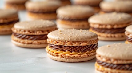 Gourmet macarons with chocolate and caramel, elegant French dessert close-up, creamy almond cookies, artisanal baked treats on light surface, luxury dessert styling


