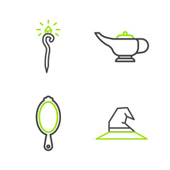 Set line Witch hat, Magic hand mirror, lamp Aladdin and staff icon. Vector