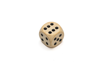 White Wooden Dice Showing Six, Isolated on White Background