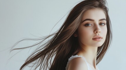 Stunning Portrait of a Young Woman with Flowing Brown Hair