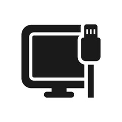Internet access. Computer with ethernet plug icon flat style isolated on white background. Vector illustration