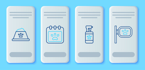 Set line Calendar grooming, Pet shampoo, food bowl and icon. Vector