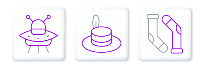 Set line Socks, UFO flying spaceship and Man hat icon. Vector