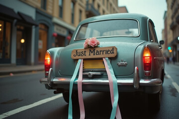 A classic vintage car with a "Just Married" sign and pastel ribbons tied to the back, symbolizing the couple's first journey as newlyweds. Wedding. Love. Forever. Design