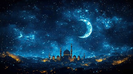 Naklejka premium Mosque at night under starry sky with crescent moon.