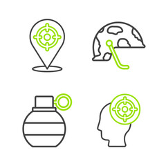 Set line Target sport, Hand grenade, Military helmet and icon. Vector