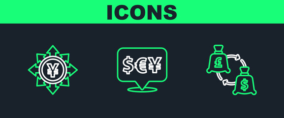 Set line Currency exchange, Coin money with Yen and icon. Vector