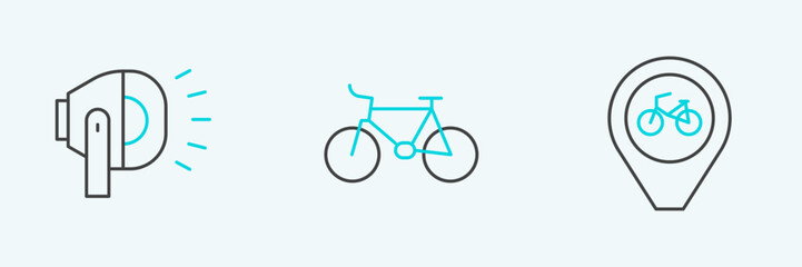 Set line Location with bicycle, Bicycle head lamp and icon. Vector